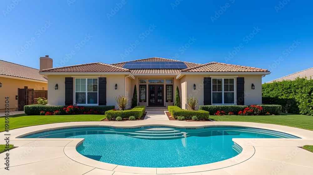 Fototapeta premium Modern single-story luxury home with swimming pool in sunny suburban neighborhood
