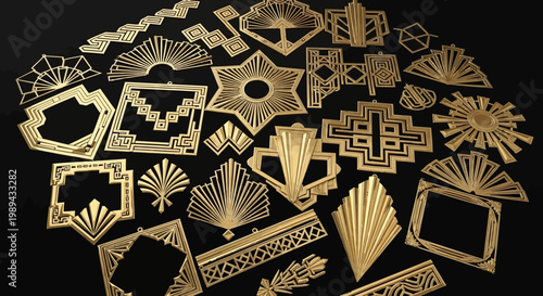 Set of Golden Art Deco Ornaments and Geometric Frames on Black Background