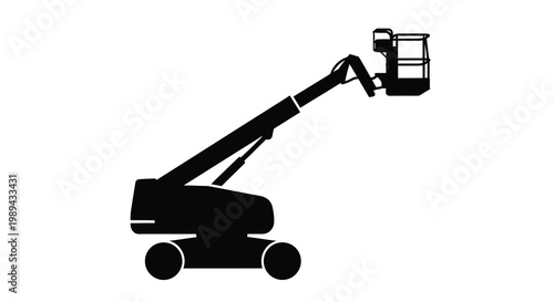 A black silhouette of a telescopic boom lift machine on a white background silhouette