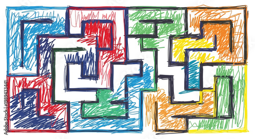 Abstract Colorful Hand Drawn Scribble Block Puzzle Pattern