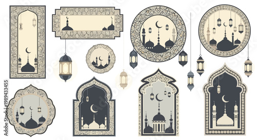 Islamic Ramadan Kareem Frames and Mosque Silhouettes Set