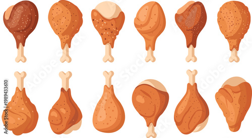 Set of Cartoon Fried Chicken Drumsticks in Different Coatings and Poses for Food, Cooking, and Restaurant-Themed DesignsSet of Cartoon Fried Chicken Drumsticks in Different Coatings and Poses 