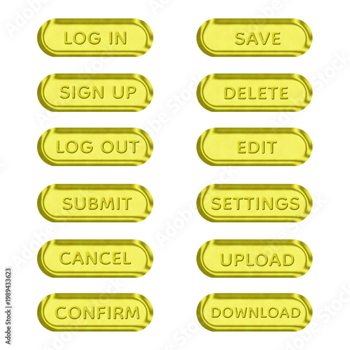 Luxury Gold Glitter 3D UI Button Set with Glossy Metallic Finish, Premium Rounded Interface Elements for Login Sign Up Log Out Save Delete Edit Settings Upload Download Submit Cancel Confirm Controls