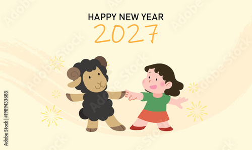 Cute child with zodiac sheep vector illustration. Horizontal greetings card template for Chinese New Year of the Sheep 2027.