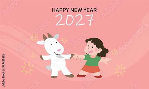Cute child with zodiac goat vector illustration. Celebrating Chinese New year of the Goat 2027 with child banner template.