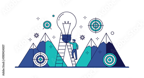 Business growth concept with person climbing ladder to reach big idea