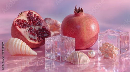 Arrangement of fresh pomegranate, apple, pearls, and seashells on pink surface with soft sky background