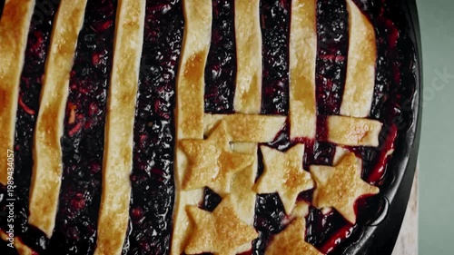 Top view of patriotic lattice-topped fruit pie straight from the oven