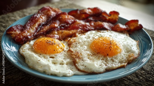 Bacon and fried eggs served on a blue plate for breakfast meal