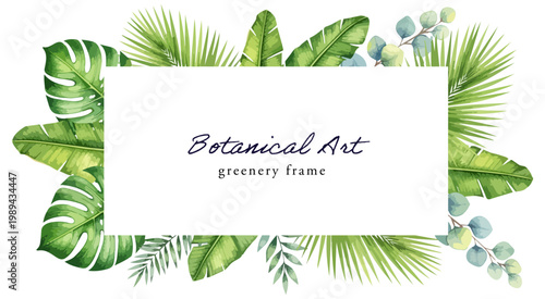 夏のリゾート南国ボタニカルグリーンフレーム素材｜手書き水彩｜モンステラ ヤシ ユーカリ 葉 リーフ