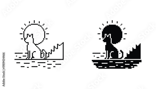 Cat sitting sun landscape pixel art game icon digital design