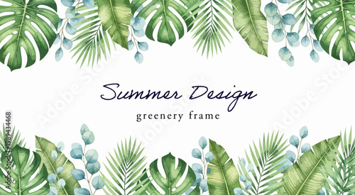 夏のグリーンの水彩ボタニカルフレーム,葉と小花のテンプレート,ナチュラルなデザイン枠,案内状背景素材