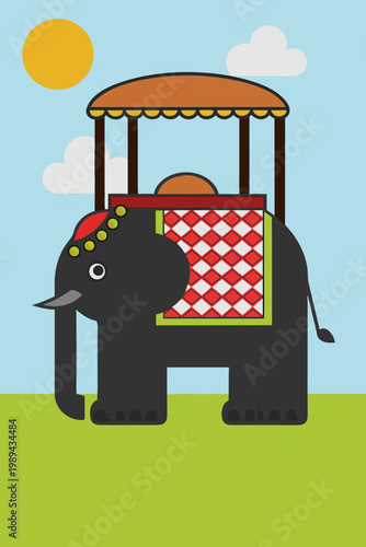 Fotografie Cartoon illustration of a gray elephant carrying a decorated palanquin