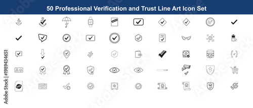 Professional verification and trust line art icon set for business identity.
