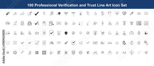 100 professional verification and trust line art icon set, checkmark, passed, secure, approved, complete, accepted, checked.