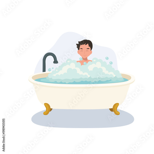bath time hygiene concept cartoon man in bathtub with soap bubbles. bathroom lifestyle and personal care theme