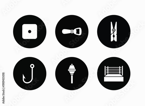Dice, bottle opener, clothespin, fishing hook, traffic cone, boxing ring icons.