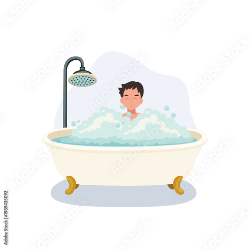 man enjoying a relaxing bath in a home bathroom with foam bubbles during daily hygiene routine