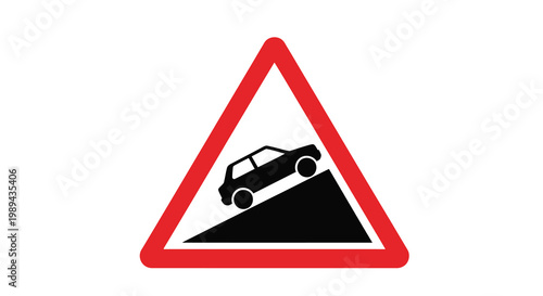 A warning sign depicts a vehicle sliding on a steep hill silhouette
