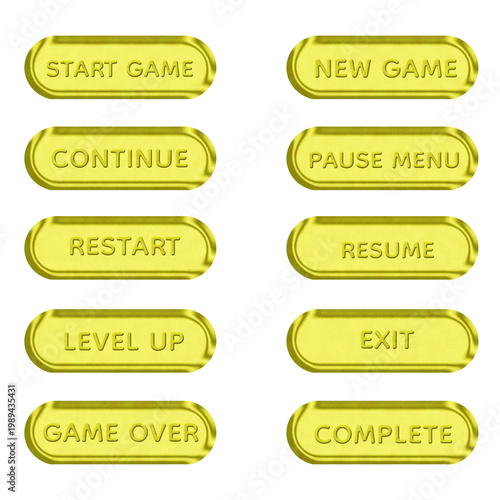 Luxury Gold Glitter 3D Game UI Button Set with Glossy Metallic Finish, Rounded Interface Elements for Start Game New Game Continue Pause Resume Restart Level Up Exit Complete Controls