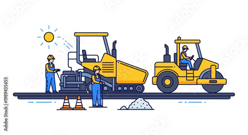 Road Construction: Paver Machine, Roller, Workers, Sunny Day