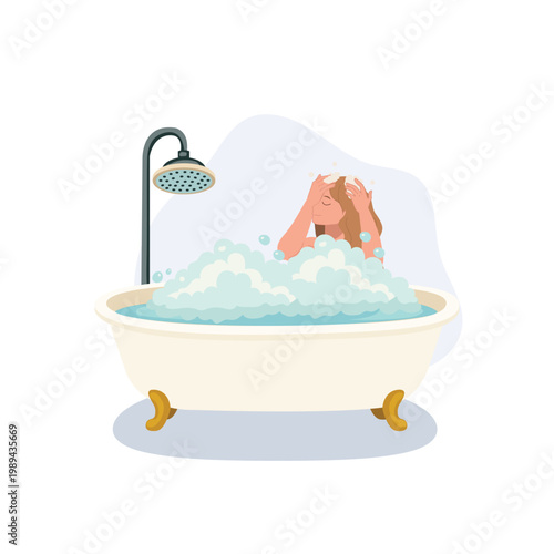 woman bathing in bathtub with foam bubbles bathroom hygiene self care relaxation flat illustration