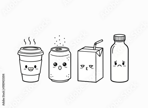Four cute cartoon drinks with faces: coffee cup, soda can, juice box, and water bottle.