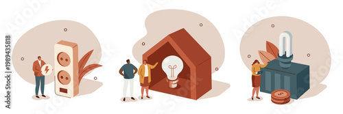 People interacting with electrical components and light bulb power source electricity electrical component innovation solution building illustration technology industry connection lighting