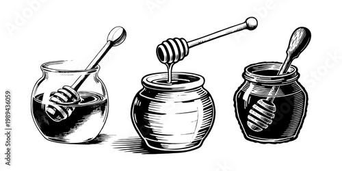 Three jars filled with honey, each with a dipper, depicted in a hand-drawn engraving style on a white background, concept of sweetness