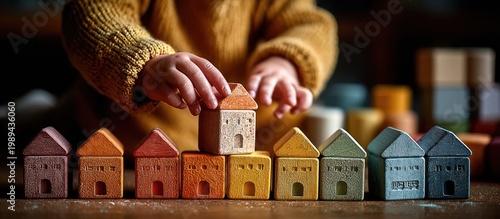 A child's hands place a toy house block on others