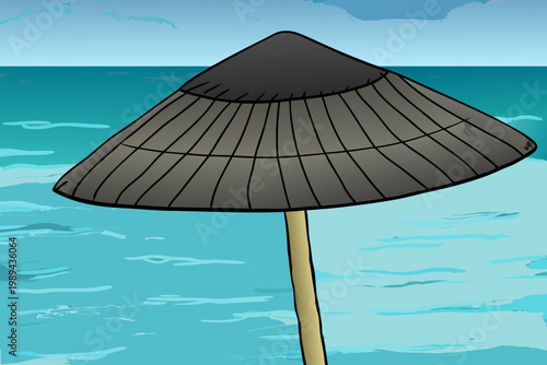 A conical asian hat stands prominently against a wavy blue ocean