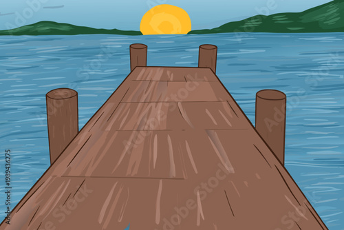 A wooden pier extends towards a golden sunset over calm water