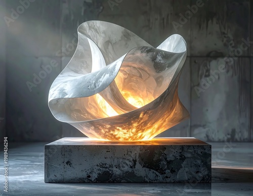 Abstract Glowing Stone Sculpture On Concrete Pedestal In Modern Industrial Studio Space With Soft Sunlight Rays