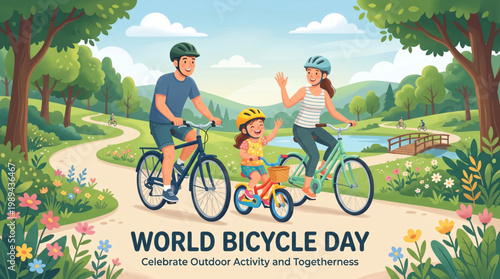 Family cycling in nature park celebrating world bicycle day with parents and child riding together scenic outdoor illustration for healthy lifestyle promotion