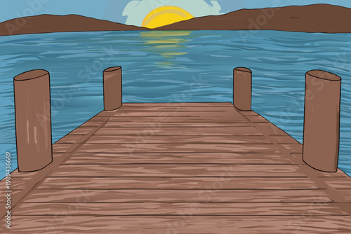 A cartoon illustration of a wooden pier extending into calm waters