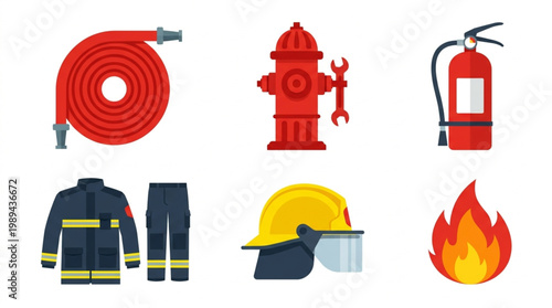 A collection of firefighting equipment and tools on a white background with a bold color scheme