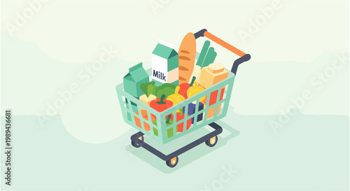 A shopping cart filled with various grocery items