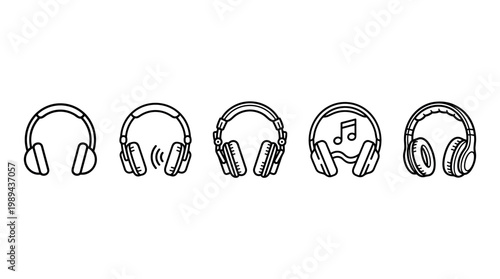 Various headphones icons representing audio entertainment and communication technology, perfect for web design, apps, or print media related to music, podcasts, and sound.