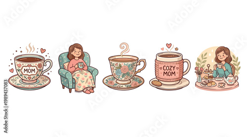 Collection of cozy mom tea and coffee illustrations featuring various cups, a relaxing woman, and a delightful afternoon tea scene.