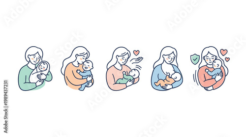Mother and baby illustrations depicting various stages of care, including holding, bonding, comforting, breastfeeding, and protection, symbolizing maternal love and nurturing.