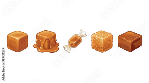 Delicious caramel candies in various forms are beautifully arranged, showcasing their rich golden-brown color and tempting textures, perfect for confectionery designs.