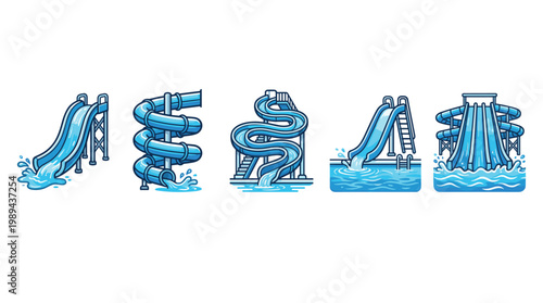 Water slides collection featuring various blue amusement park attractions with splashing water, perfect for summer fun and aquatic recreation concepts.