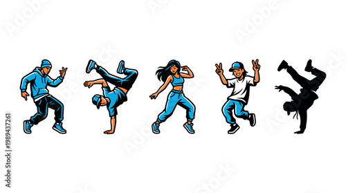 Young urban dancers performing dynamic hip-hop and breakdance moves with energetic style, showcasing various poses and a vibrant youth culture.