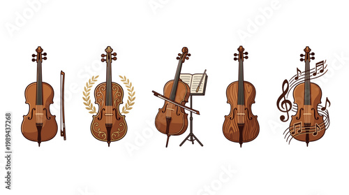 Classical string instruments, including violins and cellos, are depicted in a collection of artistic illustrations representing musical harmony and performance.