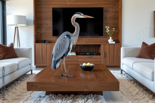 A majestic blue heron standing perfectly still on a floating wooden coffee table in a modern living room.