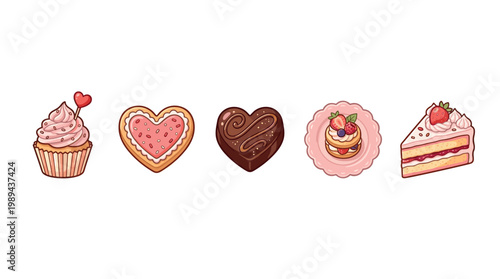 Delicious sweet desserts, including cupcakes, cookies, and cake, are beautifully illustrated with vibrant colors and charming details, perfect for celebrating love and special occasions.