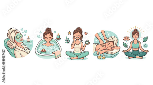 Female characters enjoying various self-care and wellness activities including spa treatments, meditation, and beauty routines, promoting relaxation and healthy lifestyle.