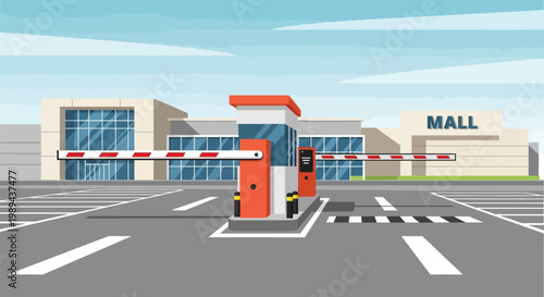 A colorful illustration of a mall entrance with a parking barrier