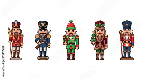 Five cartoon nutcracker soldiers standing upright in various festive and traditional uniforms, ready to bring holiday cheer and classic charm.