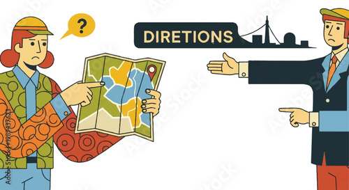 People studying map and seeking directions flat illustration